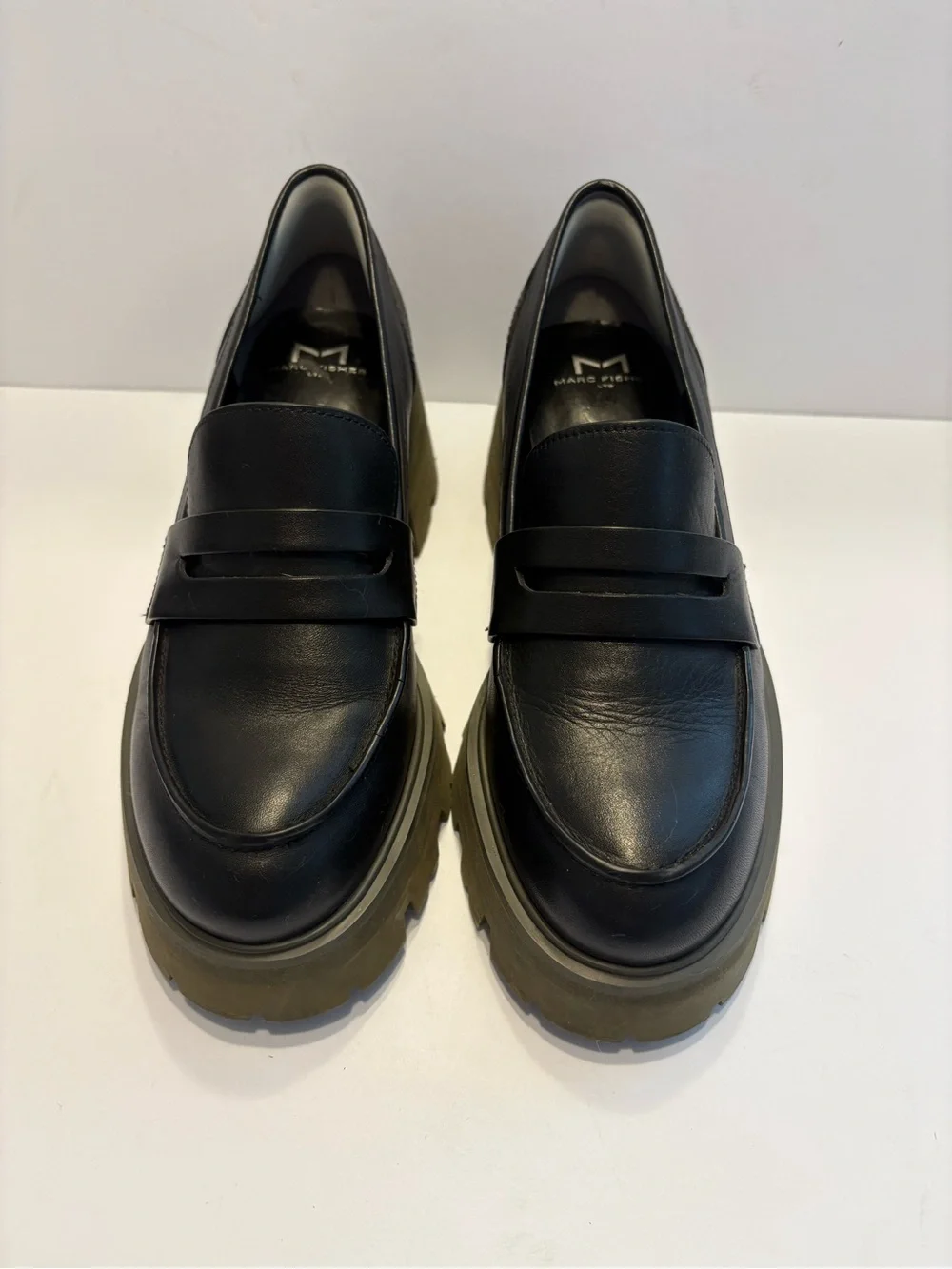 Marc Fisher Women Latika Slip On Loafers Black Leather Lug Sole Platform 5 1/2